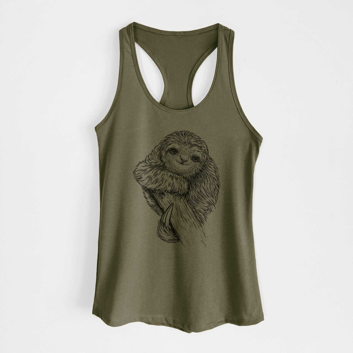 Military green women's racerback tank top laid flat, printed with a detailed black ink illustration of a smiling pygmy three-toed sloth hanging from a branch.