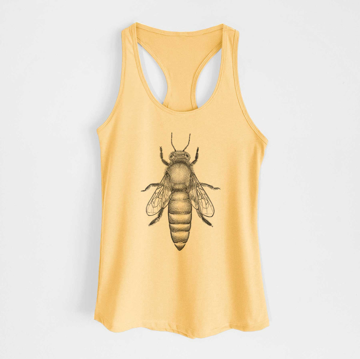Banana cream women's racerback tank top laid flat, printed with a detailed black ink illustration of a queen honey bee, seen from above.