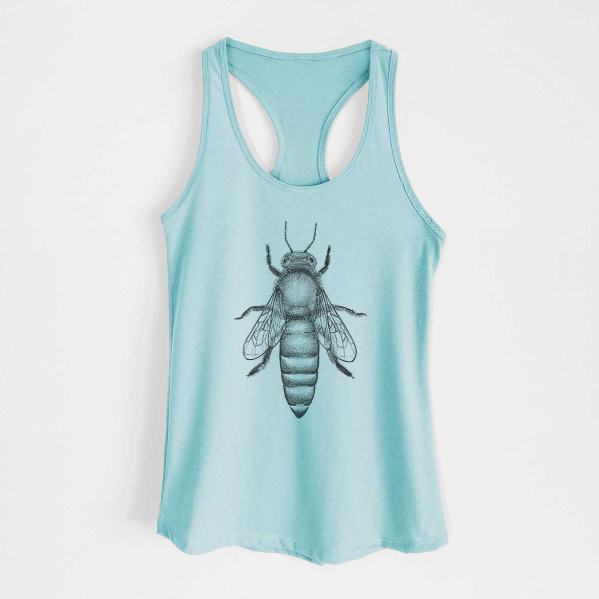 Cancun blue women's racerback tank top laid flat, printed with a detailed black ink illustration of a queen honey bee, seen from above.