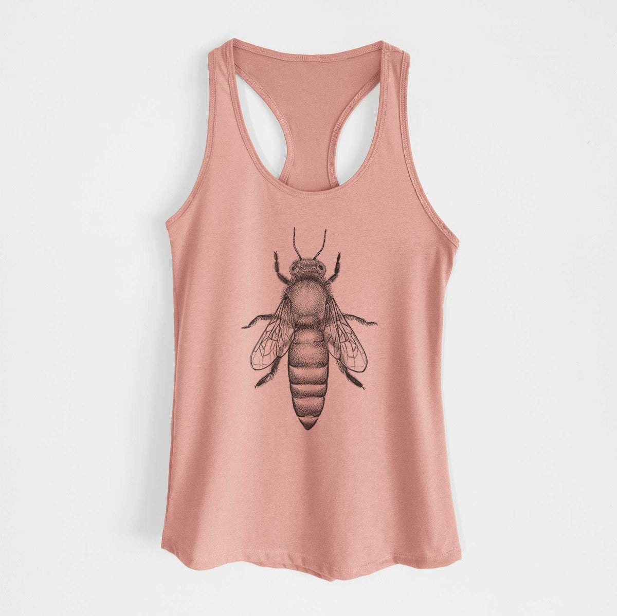 Desert pink women's racerback tank top laid flat, printed with a detailed black ink illustration of a queen honey bee, seen from above.