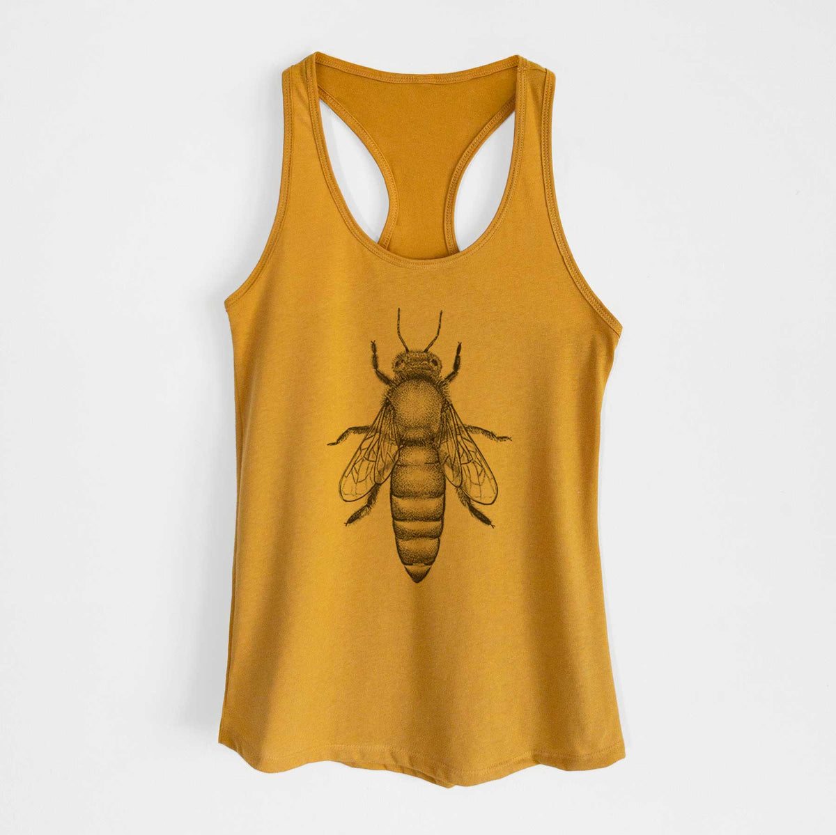 Gold women's racerback tank top laid flat, printed with a detailed black ink illustration of a queen honey bee, seen from above.