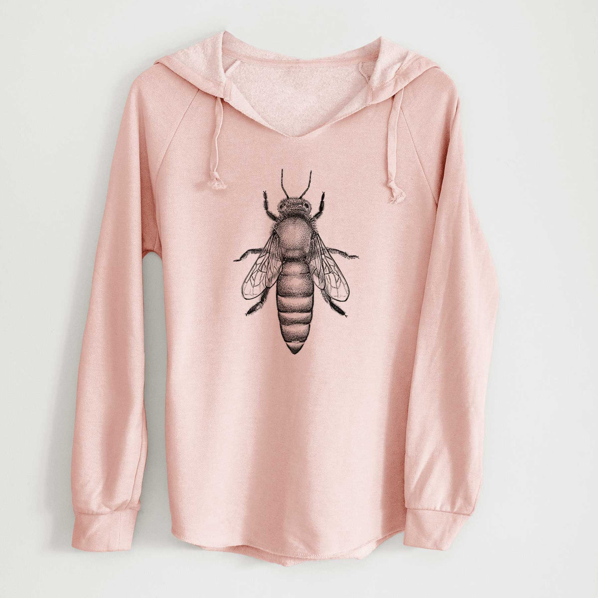 Blush pink women's Cali Wave hooded sweatshirt laid flat, printed with a detailed black ink illustration of a queen honey bee, seen from above.