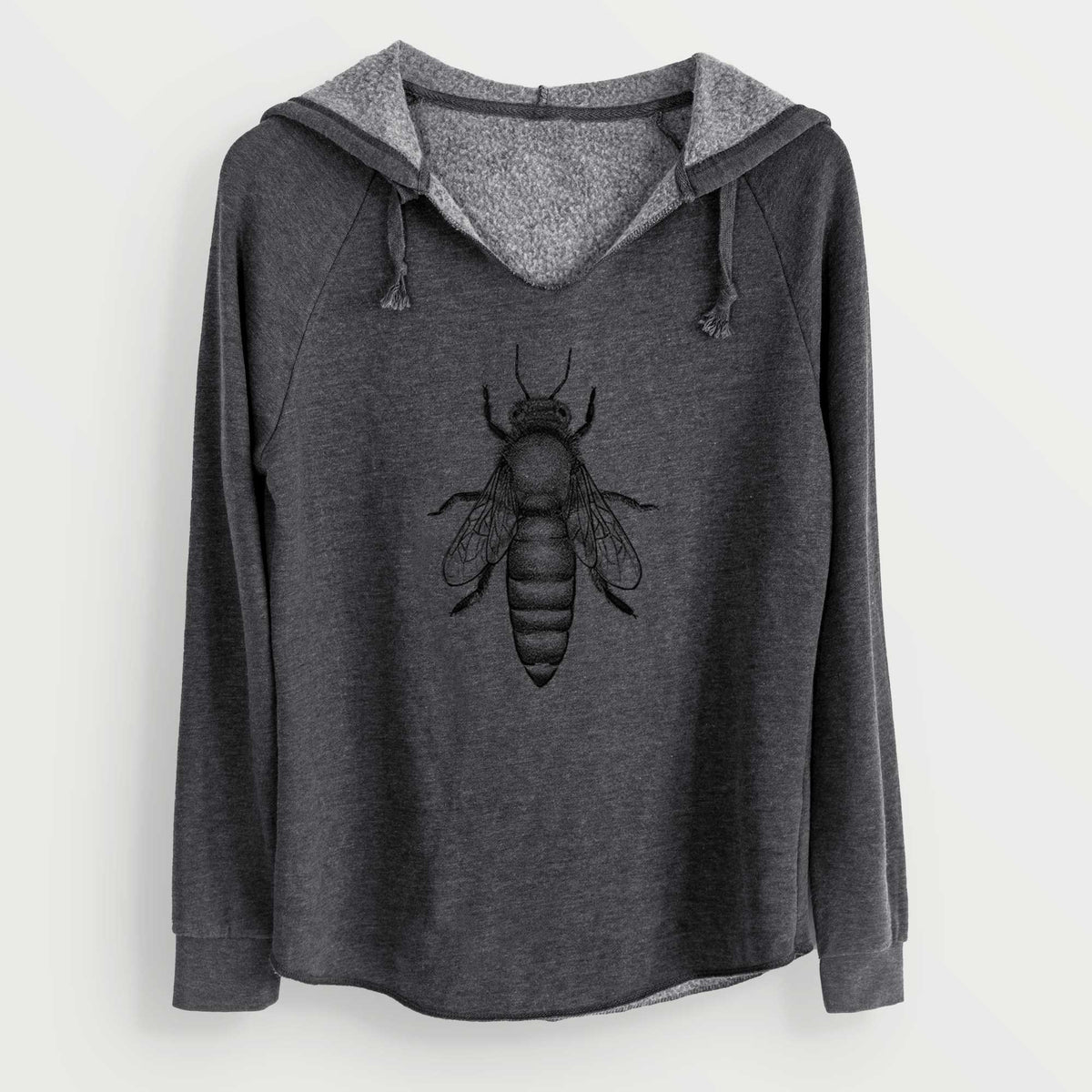 Charcoal grey women's Cali Wave hooded sweatshirt laid flat, printed with a detailed black ink illustration of a queen honey bee, seen from above.