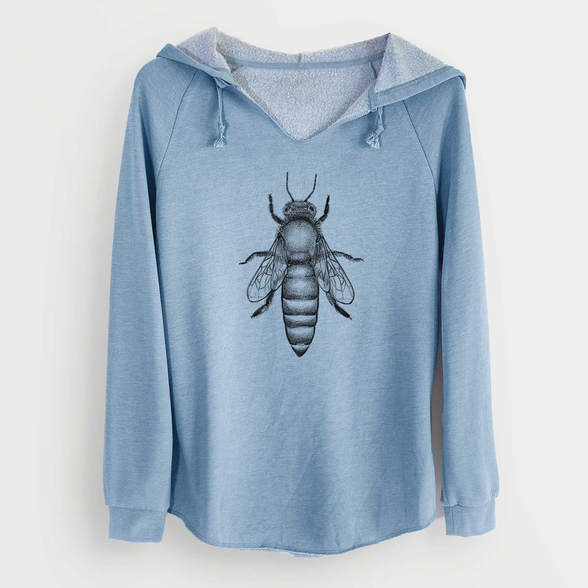Misty blue women's Cali Wave hooded sweatshirt laid flat, printed with a detailed black ink illustration of a queen honey bee, seen from above.