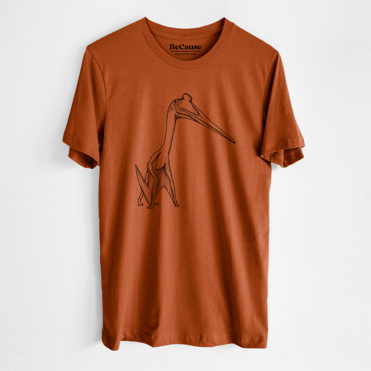 Autumn lightweight cotton t-shirt laid flat, printed with a black ink illustration of a Quetzalcoatlus pterosaur standing on all fours.