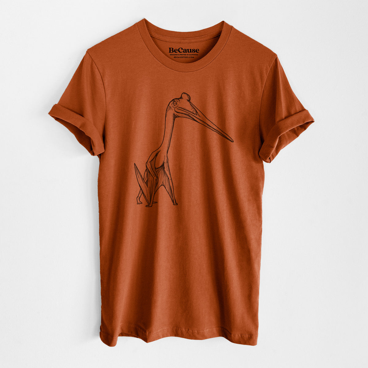 Autumn lightweight cotton t-shirt laid flat, printed with a black ink illustration of a Quetzalcoatlus pterosaur standing on all fours.