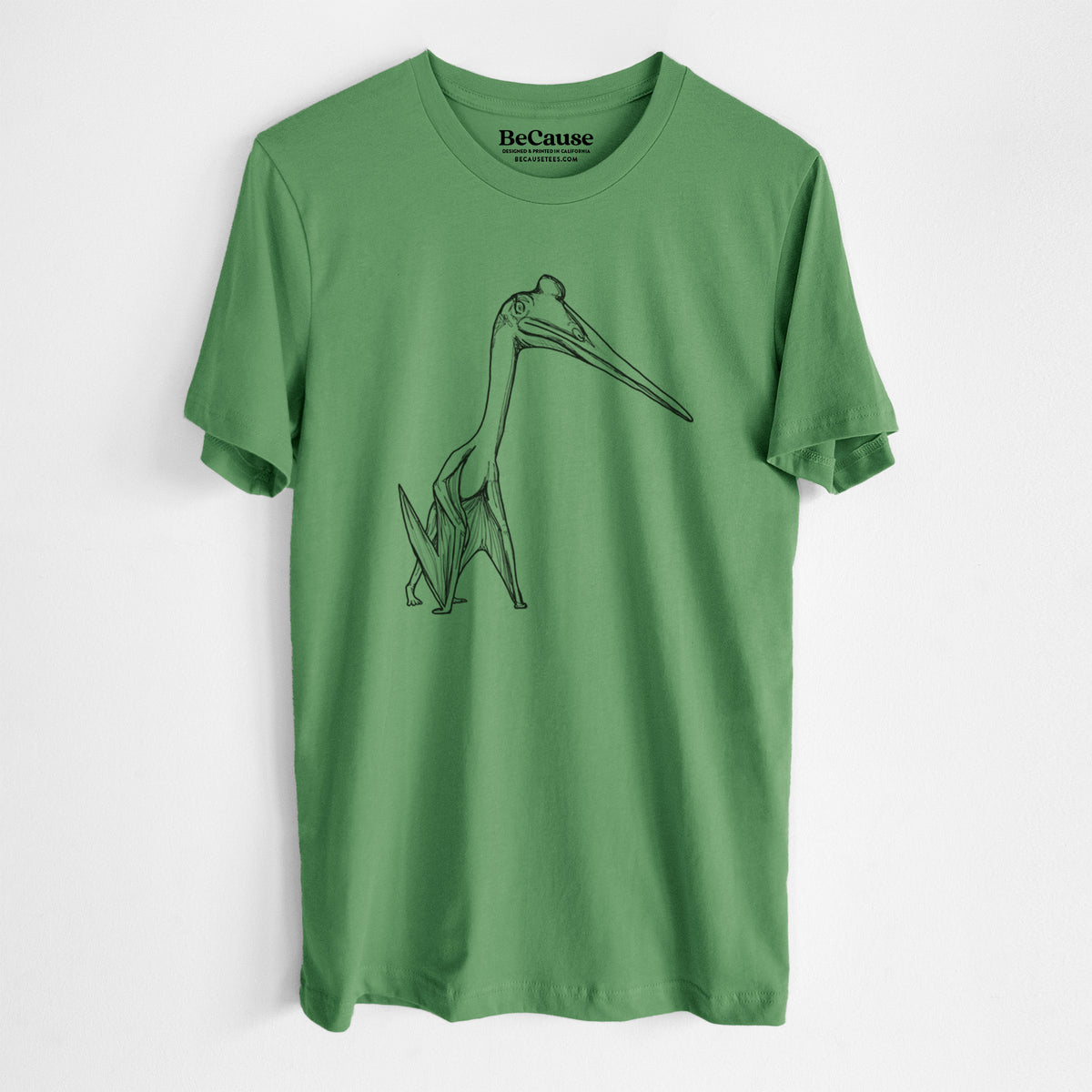Leaf green lightweight cotton t-shirt laid flat, printed with a black ink illustration of a Quetzalcoatlus pterosaur standing on all fours.