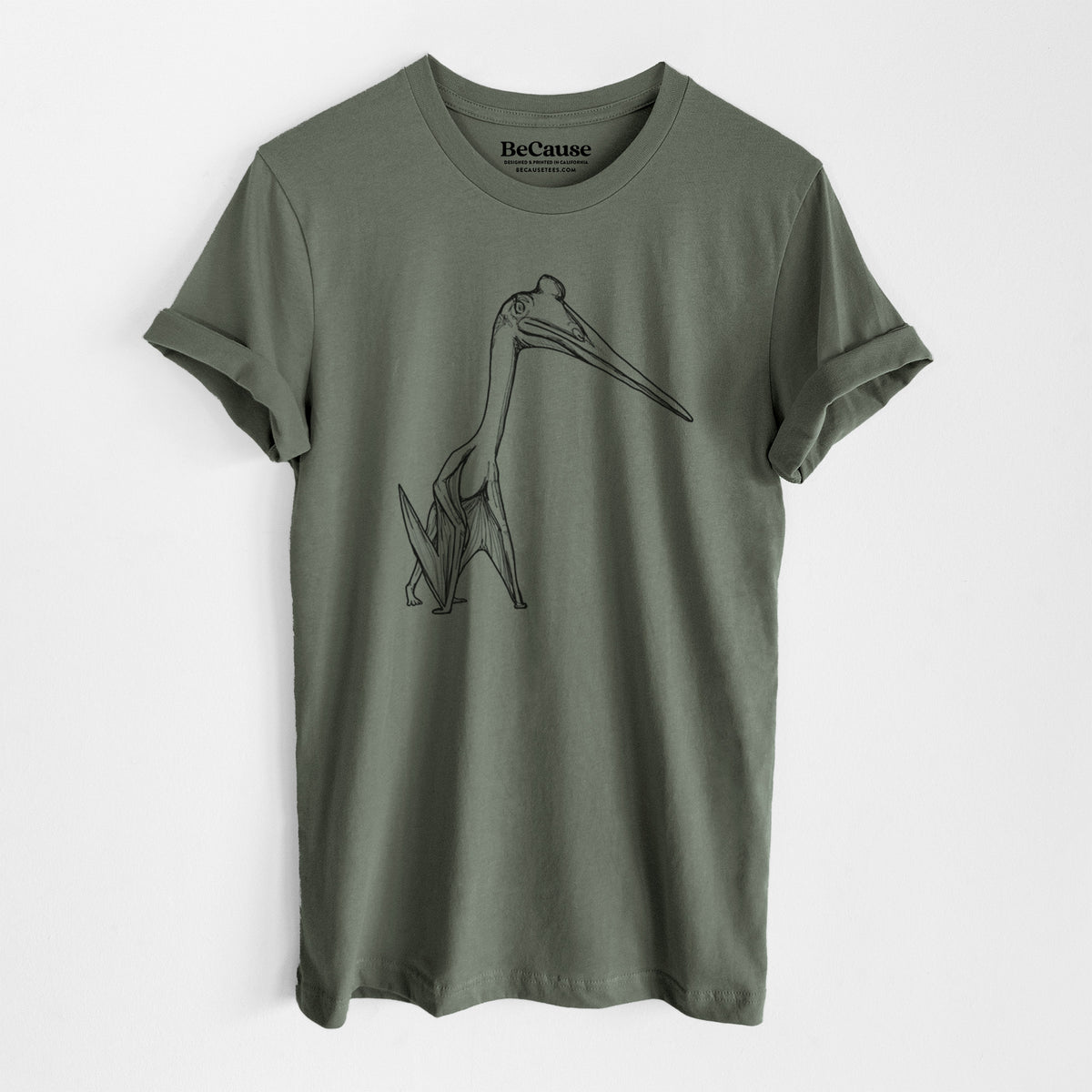 Military green lightweight cotton t-shirt laid flat, printed with a black ink illustration of a Quetzalcoatlus pterosaur standing on all fours.