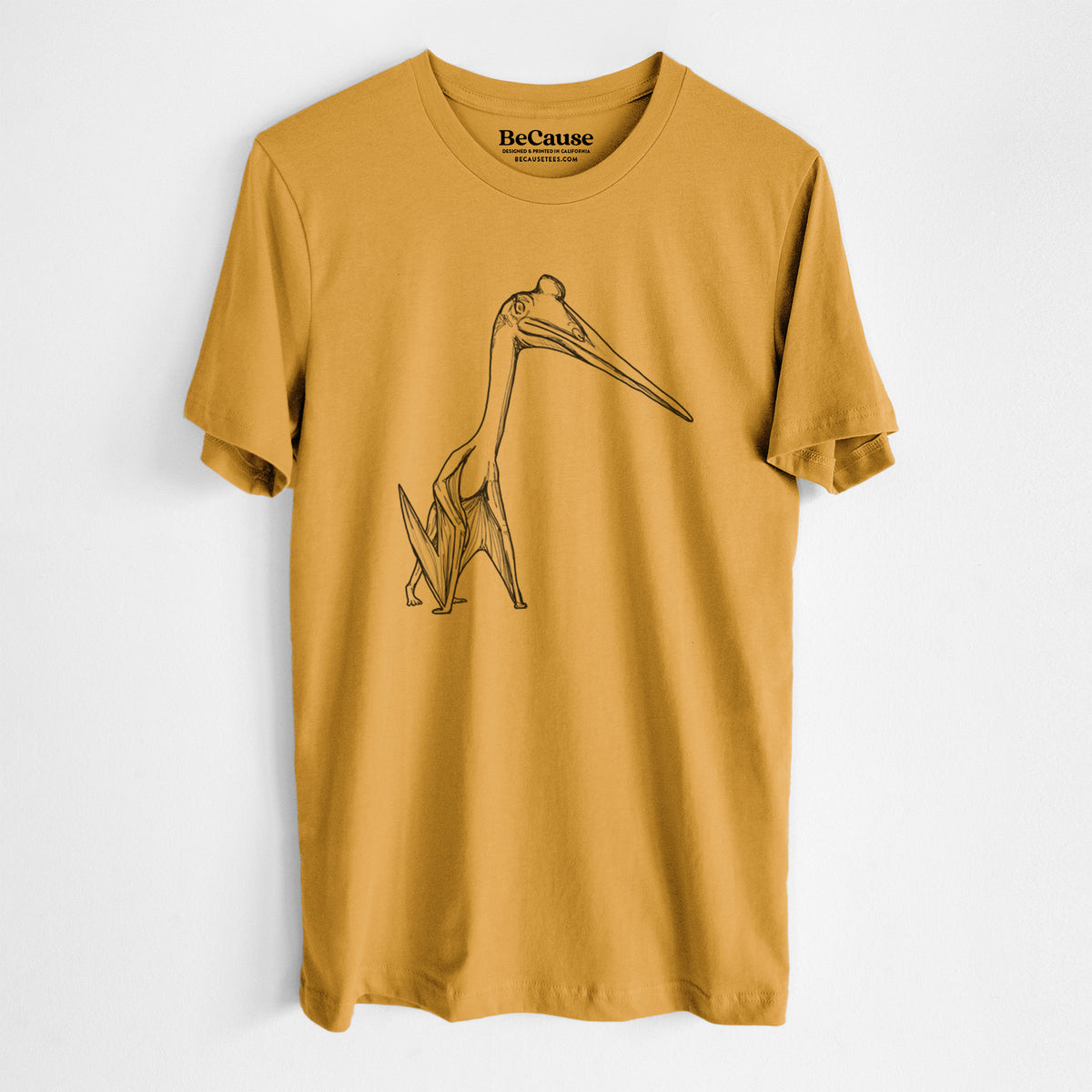 Mustard yellow lightweight cotton t-shirt laid flat, printed with a black ink illustration of a Quetzalcoatlus pterosaur standing on all fours.