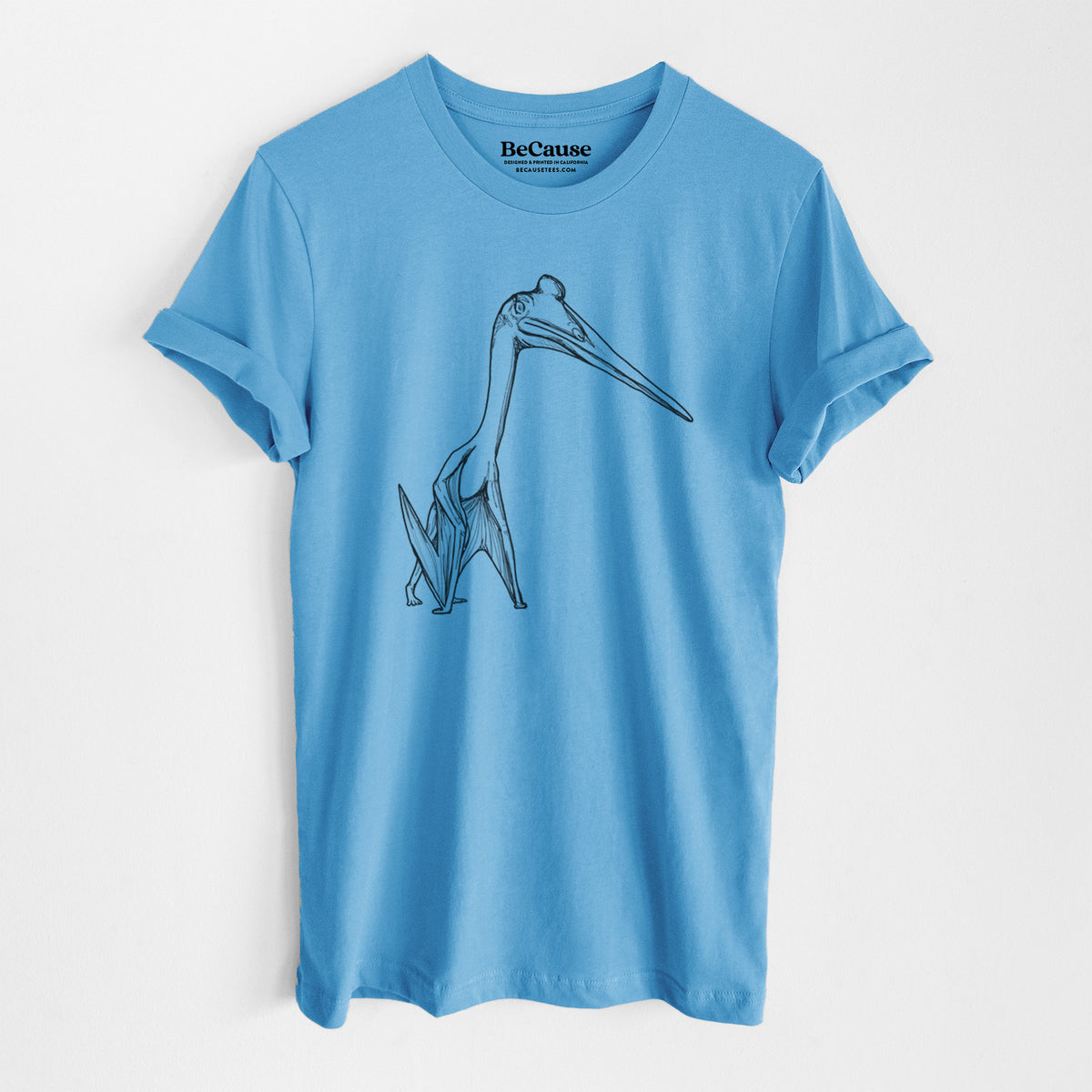 Ocean blue lightweight cotton t-shirt laid flat, printed with a black ink illustration of a Quetzalcoatlus pterosaur standing on all fours.