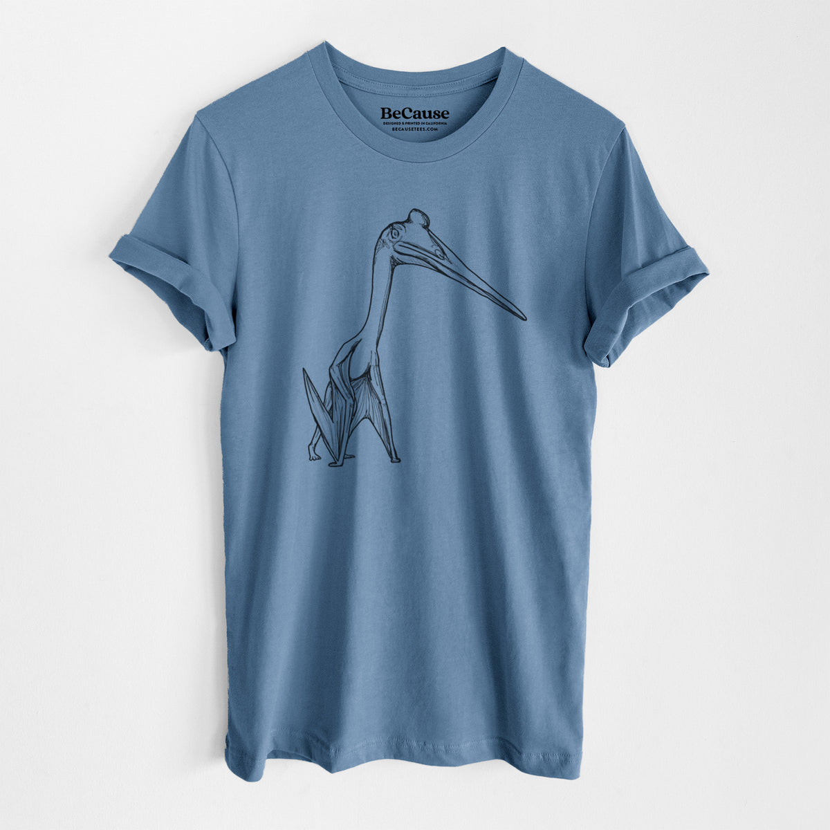 Steel blue lightweight cotton t-shirt laid flat, printed with a black ink illustration of a Quetzalcoatlus pterosaur standing on all fours.