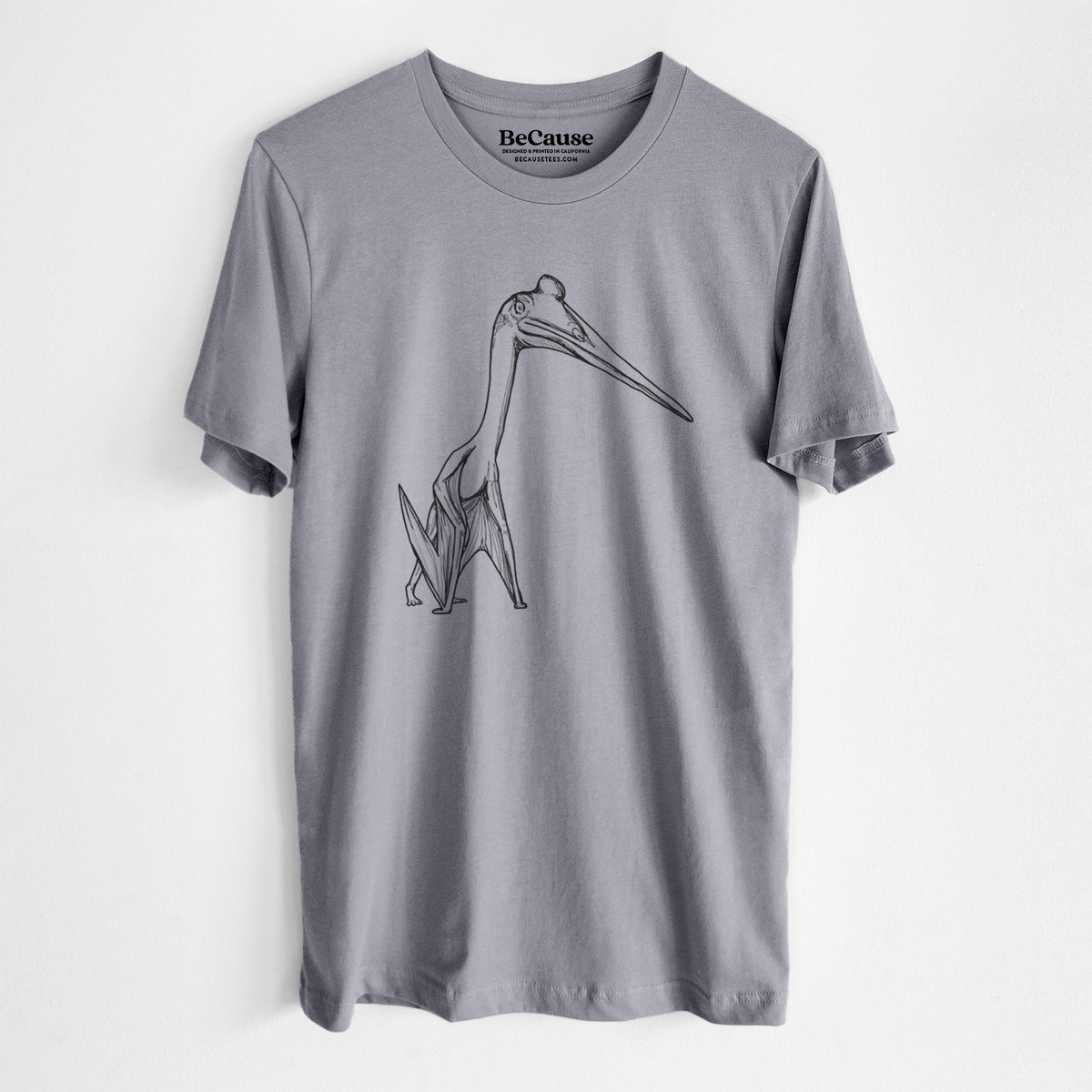 Storm grey lightweight cotton t-shirt laid flat, printed with a black ink illustration of a Quetzalcoatlus pterosaur standing on all fours.