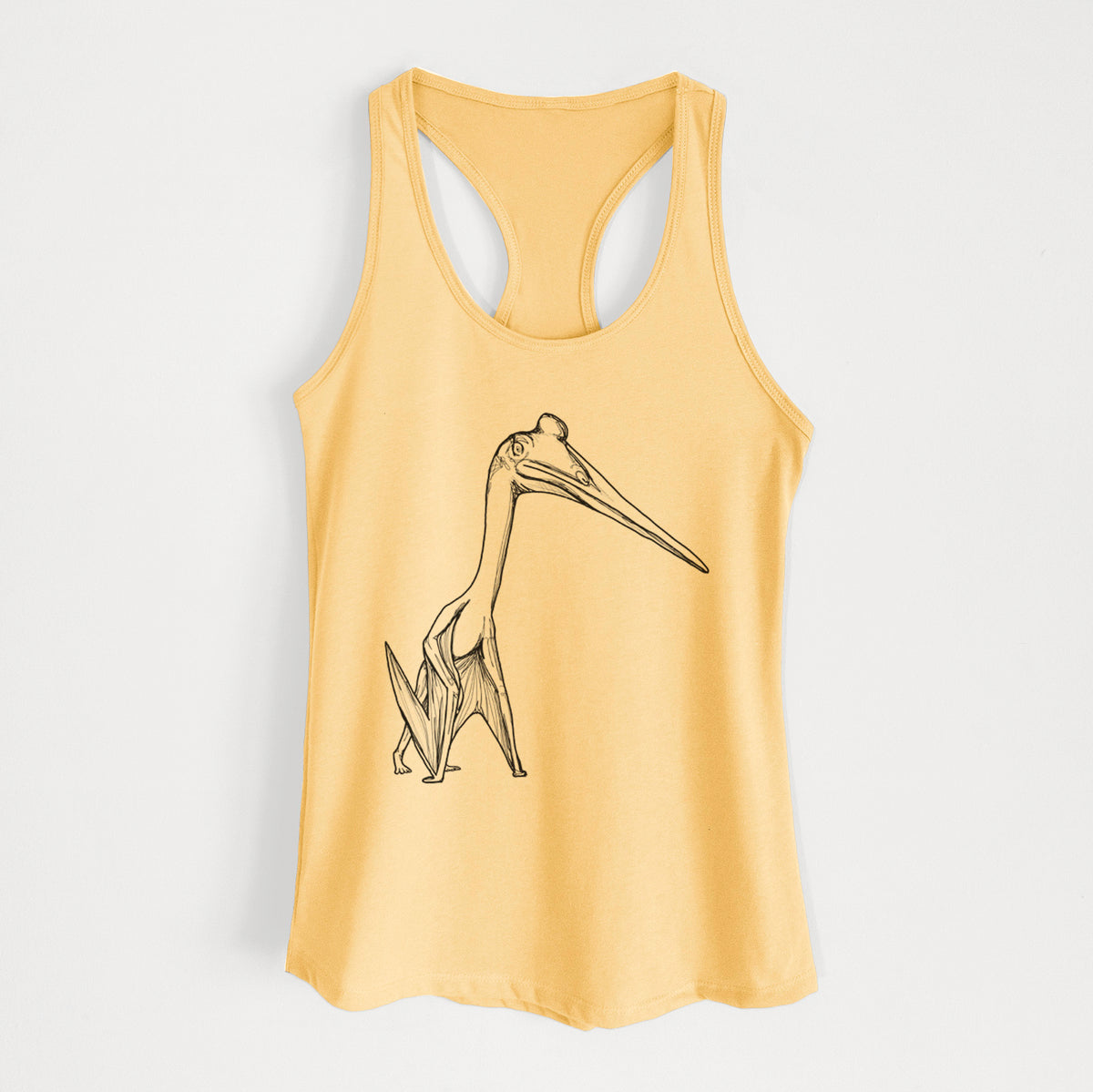 Banana cream women's racerback tank top laid flat, printed with a black ink illustration of a Quetzalcoatlus pterosaur standing on all fours.
