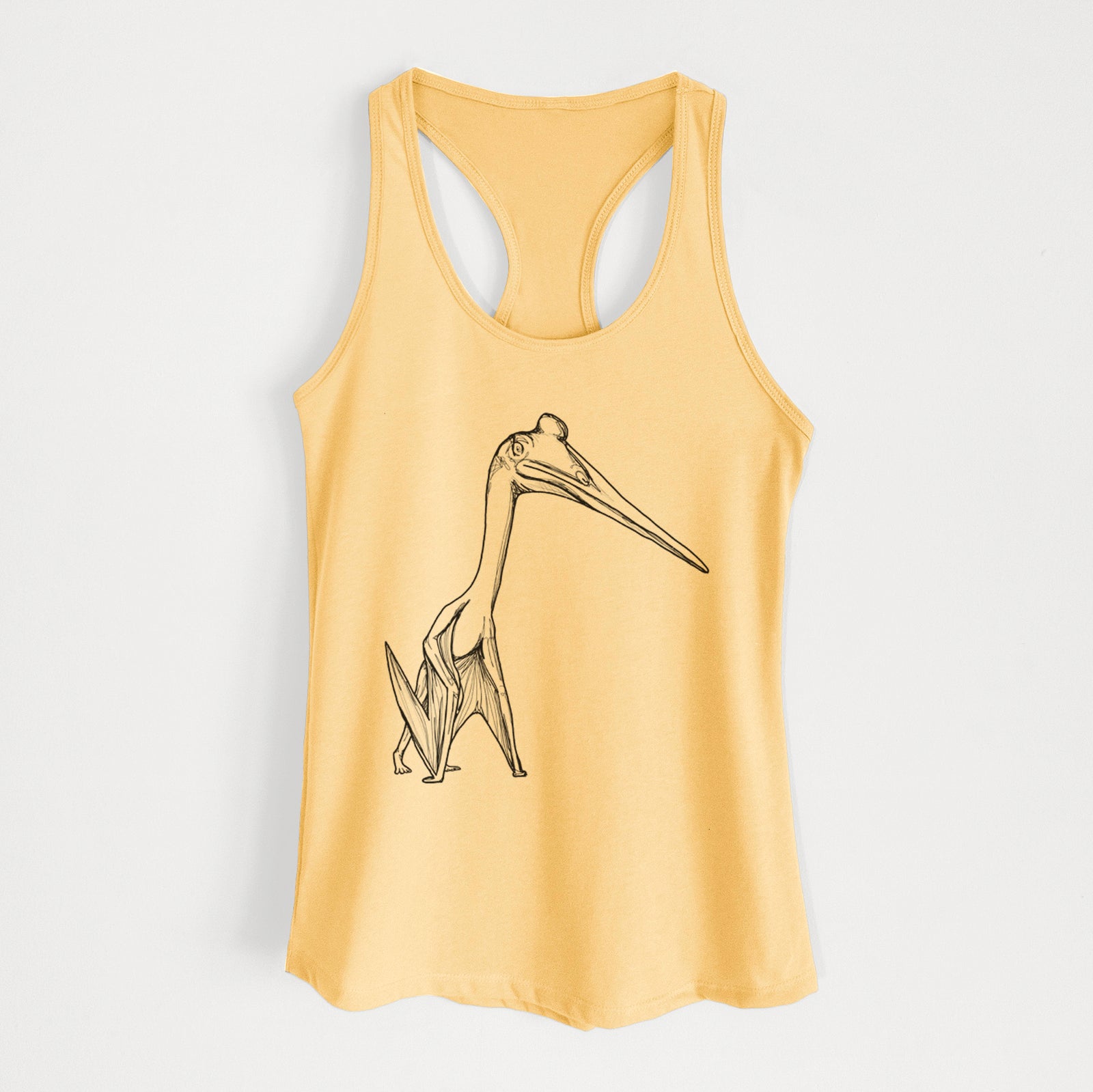 Banana cream women's racerback tank top laid flat, printed with a black ink illustration of a Quetzalcoatlus pterosaur standing on all fours.