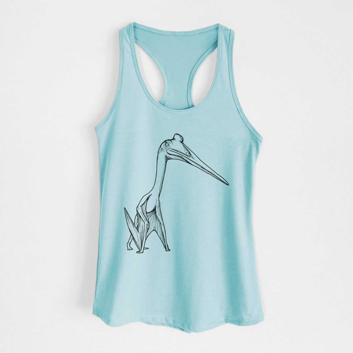 Cancun blue women's racerback tank top laid flat, printed with a black ink illustration of a Quetzalcoatlus pterosaur standing on all fours.
