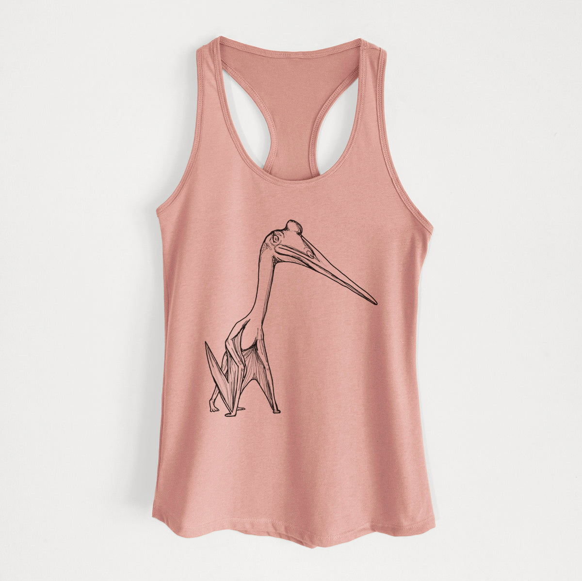 Desert pink women's racerback tank top laid flat, printed with a black ink illustration of a Quetzalcoatlus pterosaur standing on all fours.