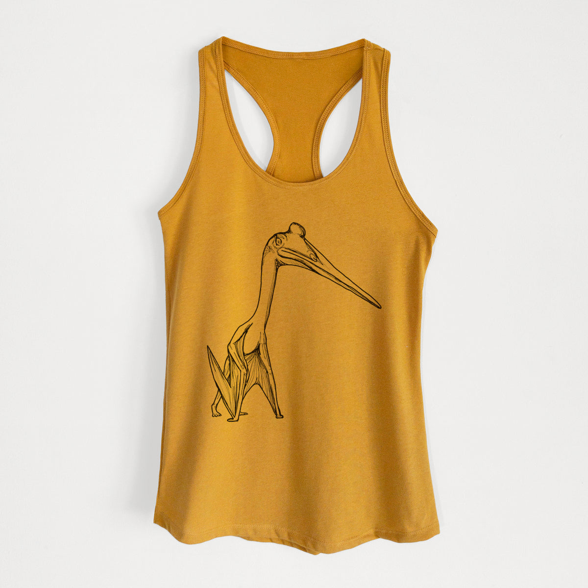 Gold women's racerback tank top laid flat, printed with a black ink illustration of a Quetzalcoatlus pterosaur standing on all fours.