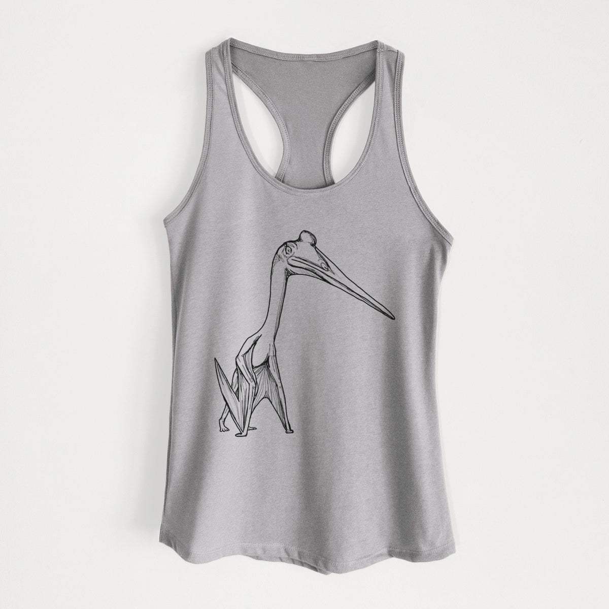 Heather grey women's racerback tank top laid flat, printed with a black ink illustration of a Quetzalcoatlus pterosaur standing on all fours.