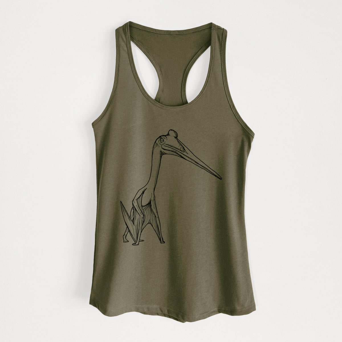 Military green women's racerback tank top laid flat, printed with a black ink illustration of a Quetzalcoatlus pterosaur standing on all fours.