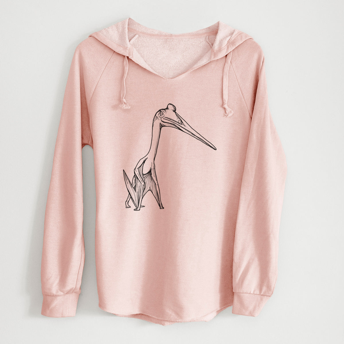 Blush pink women's Cali Wave hooded sweatshirt laid flat, printed with a black ink illustration of a Quetzalcoatlus pterosaur standing on all fours.