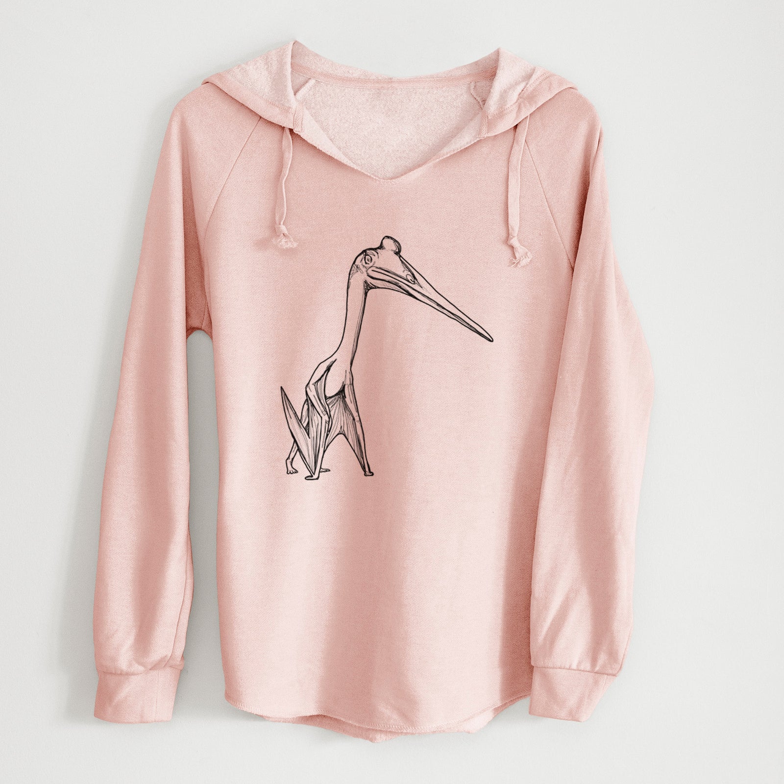 Sage green women's Cali Wave hooded sweatshirt laid flat, printed with a black ink illustration of a Quetzalcoatlus pterosaur standing on all fours.