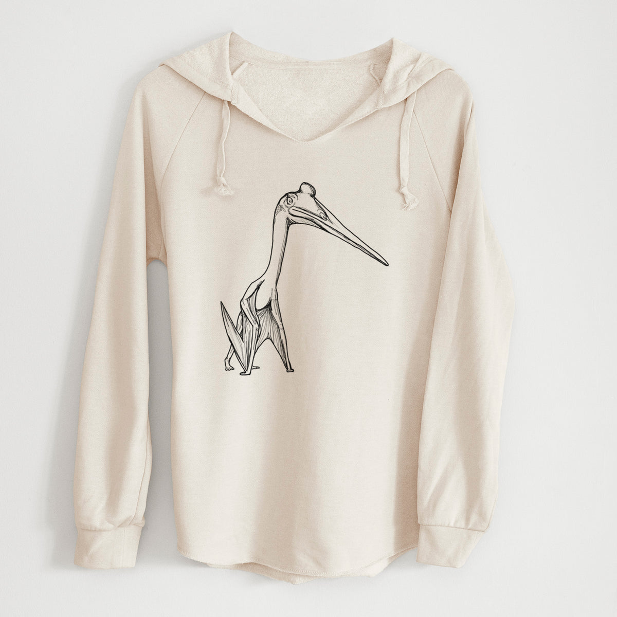 Bone cream women's Cali Wave hooded sweatshirt laid flat, printed with a black ink illustration of a Quetzalcoatlus pterosaur standing on all fours.