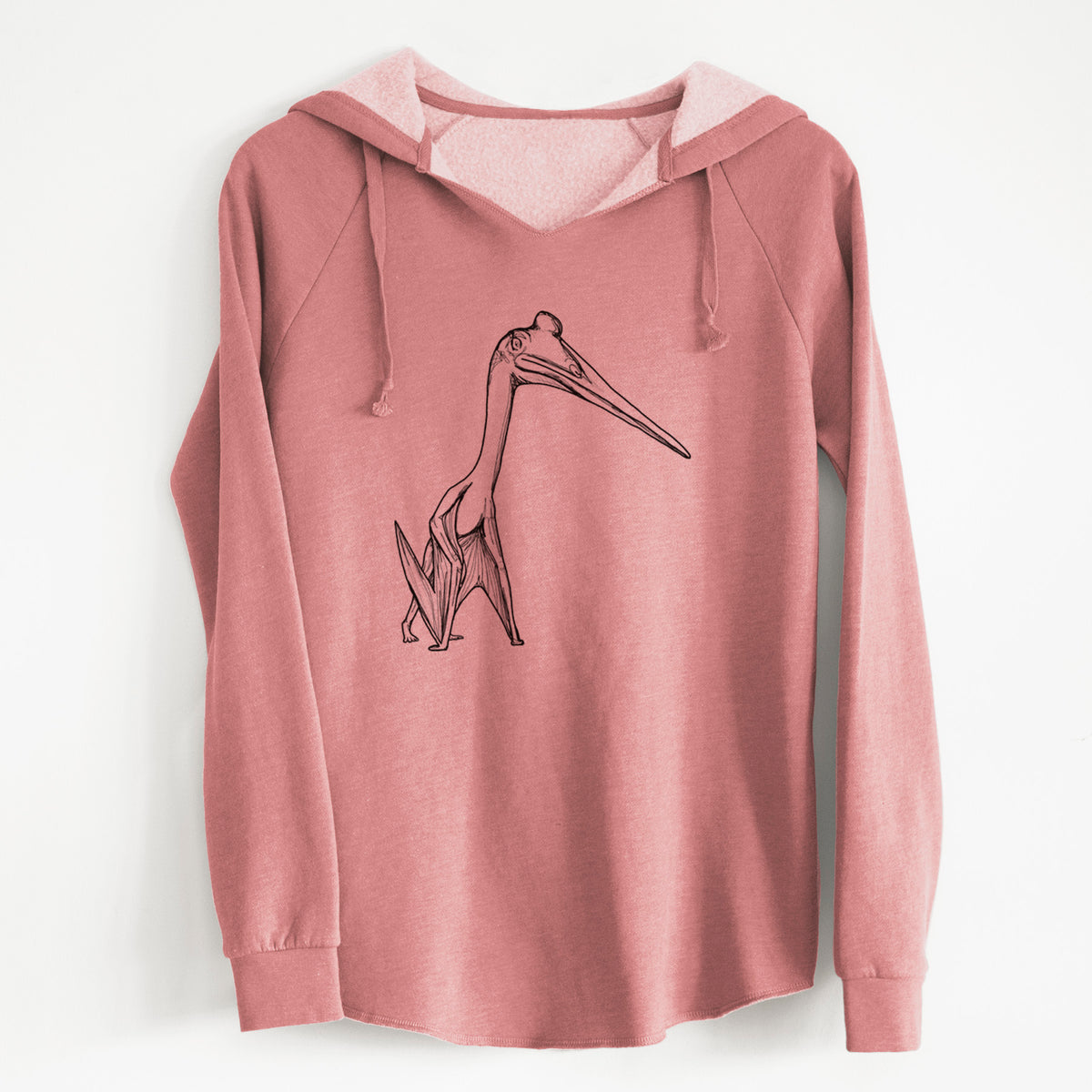 Dusty rose women's Cali Wave hooded sweatshirt laid flat, printed with a black ink illustration of a Quetzalcoatlus pterosaur standing on all fours.