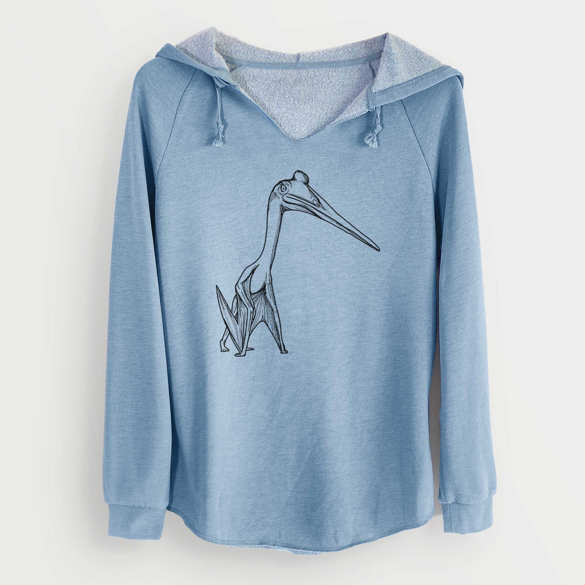 Misty blue women's Cali Wave hooded sweatshirt laid flat, printed with a black ink illustration of a Quetzalcoatlus pterosaur standing on all fours.
