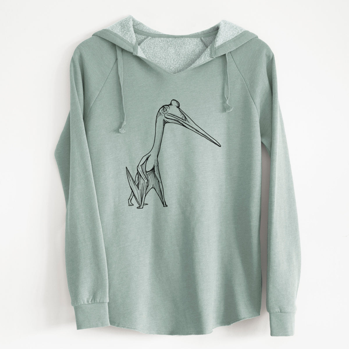 Sage green women's Cali Wave hooded sweatshirt laid flat, printed with a black ink illustration of a Quetzalcoatlus pterosaur standing on all fours.