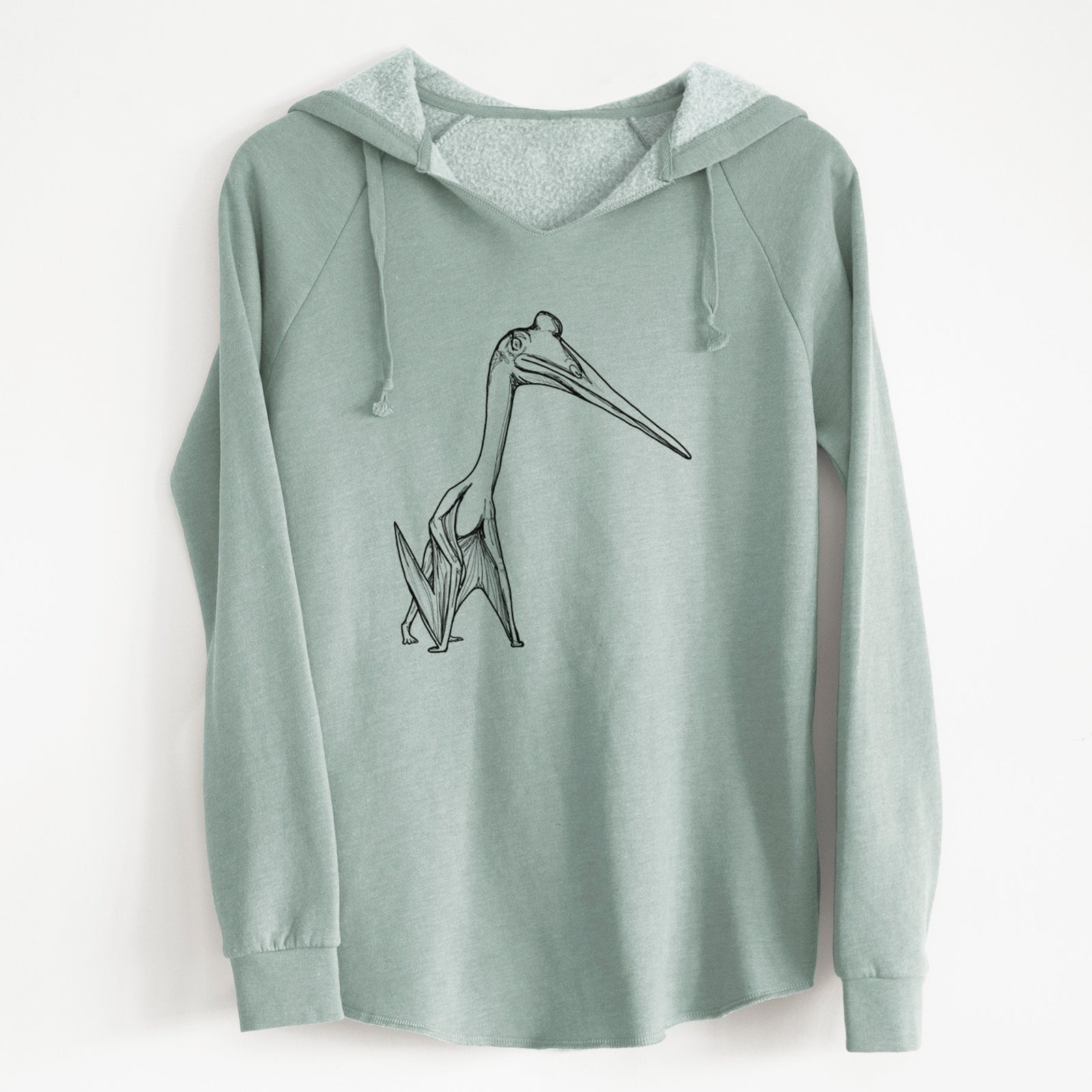 Sage green women's Cali Wave hooded sweatshirt laid flat, printed with a black ink illustration of a Quetzalcoatlus pterosaur standing on all fours.