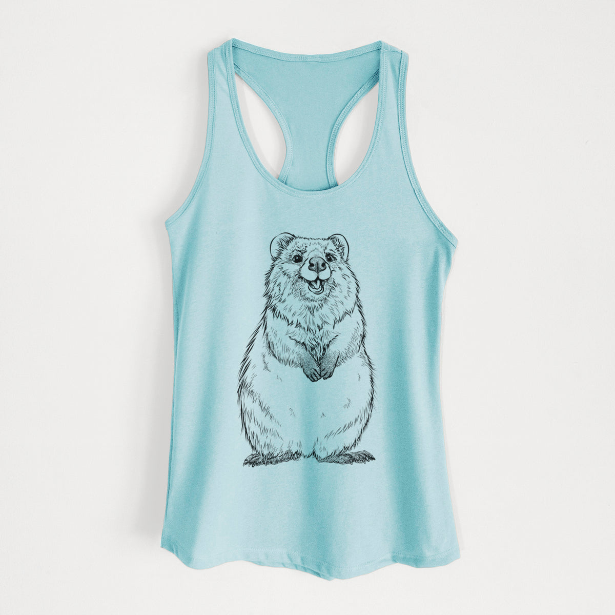 Cancun blue women's racerback tank top laid flat, printed with a black ink illustration of a smiling quokka sitting upright.