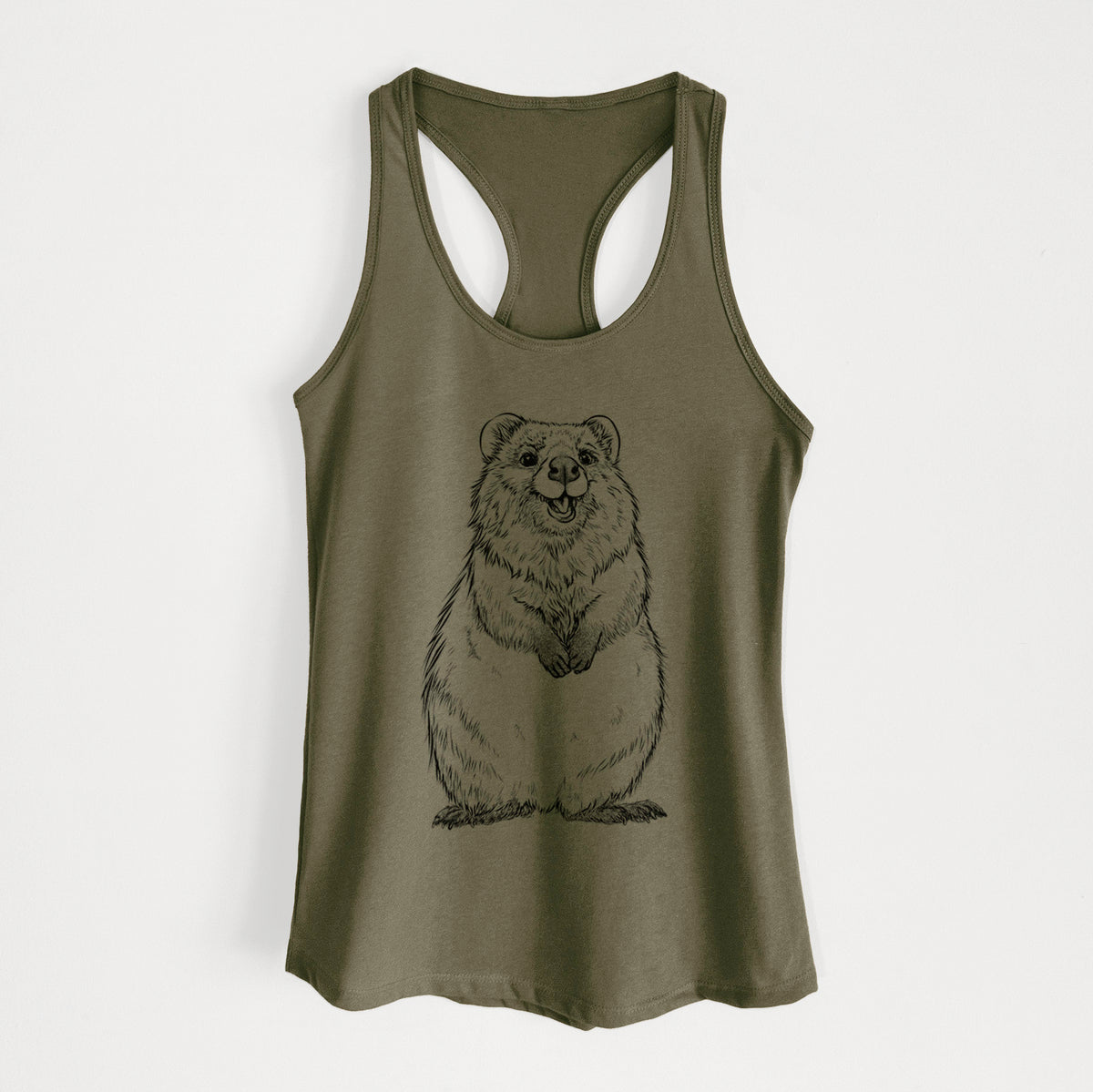Military green women's racerback tank top laid flat, printed with a black ink illustration of a smiling quokka sitting upright.