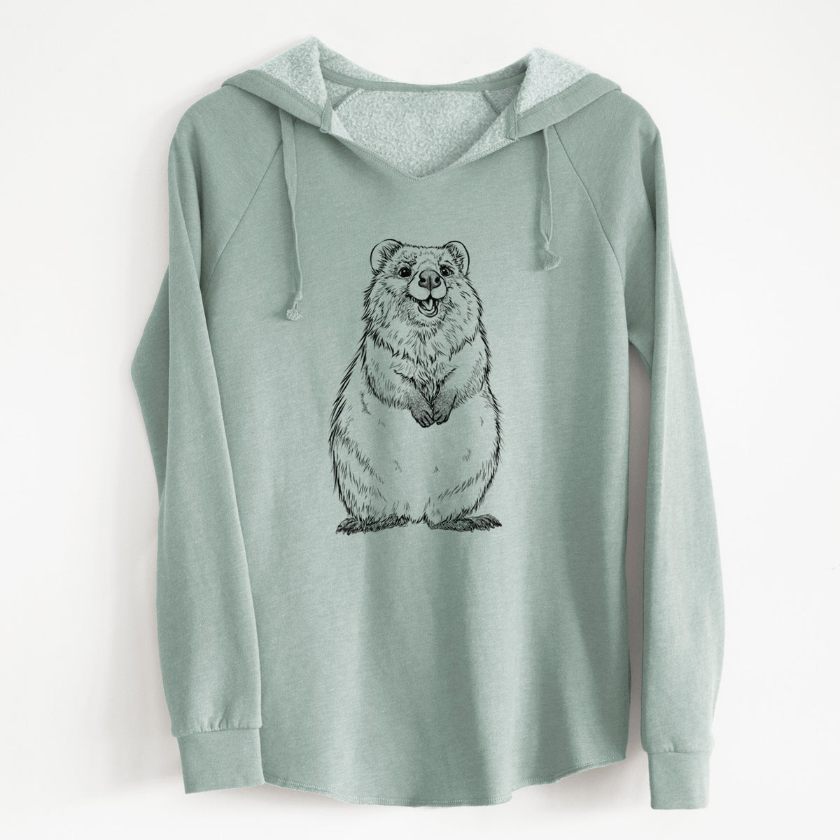 Sage green women's Cali Wave hooded sweatshirt laid flat, printed with a black ink illustration of a smiling quokka sitting upright.