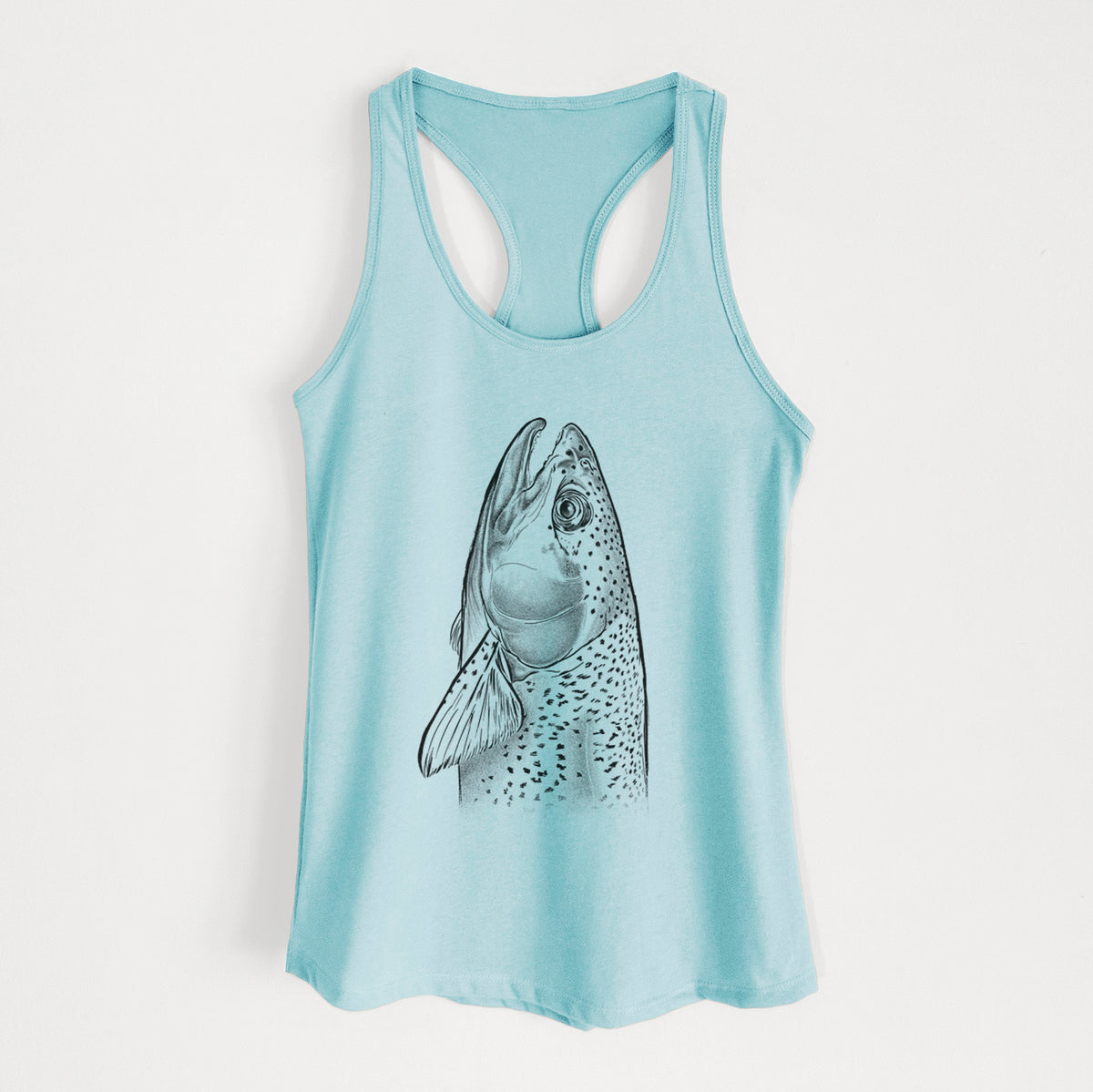 Cancun blue women's racerback tank top laid flat, printed with a detailed black ink illustration of a rainbow trout's head pointing upward, showing its spotted scales.