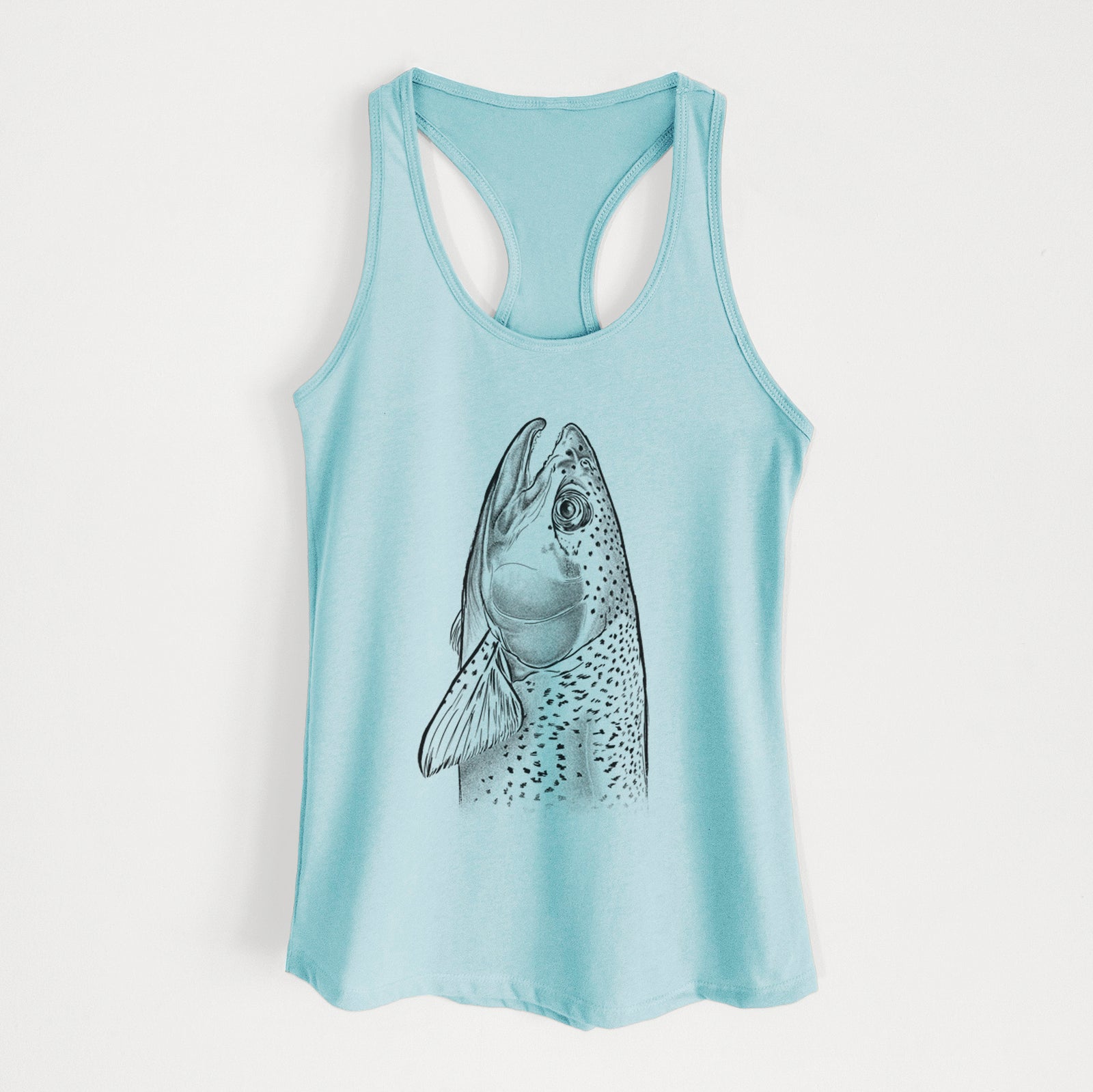Banana cream women's racerback tank top laid flat, printed with a detailed black ink illustration of a rainbow trout's head pointing upward, showing its spotted scales.