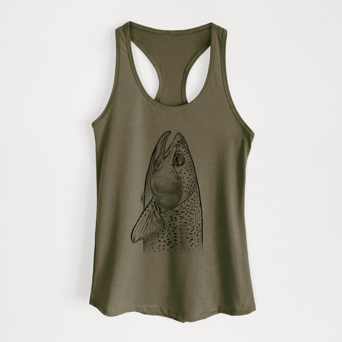 Military green women's racerback tank top laid flat, printed with a detailed black ink illustration of a rainbow trout's head pointing upward, showing its spotted scales.