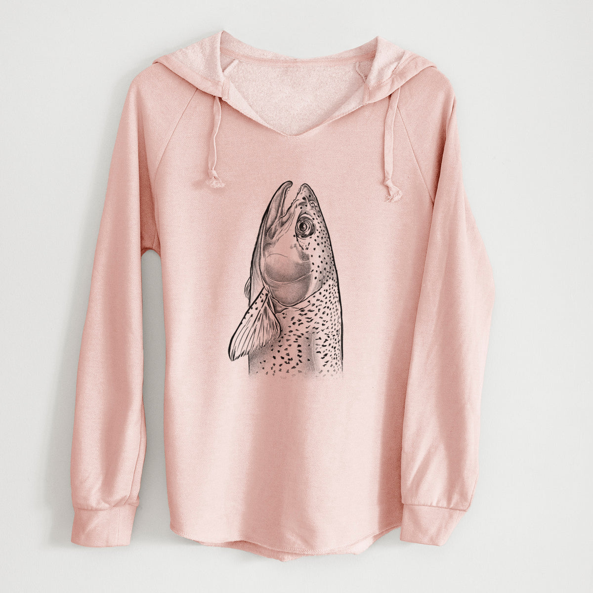 Blush pink women's Cali Wave hooded sweatshirt laid flat, printed with a detailed black ink illustration of a rainbow trout's head pointing upward, showing its spotted scales.