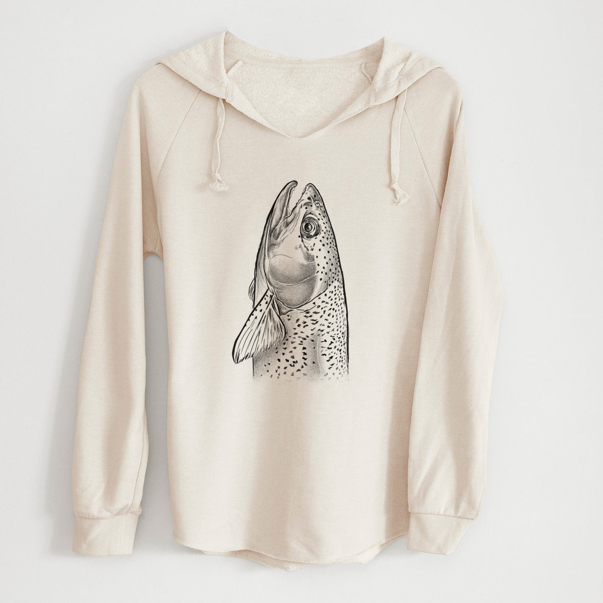 Bone cream women's Cali Wave hooded sweatshirt laid flat, printed with a detailed black ink illustration of a rainbow trout's head pointing upward, showing its spotted scales.