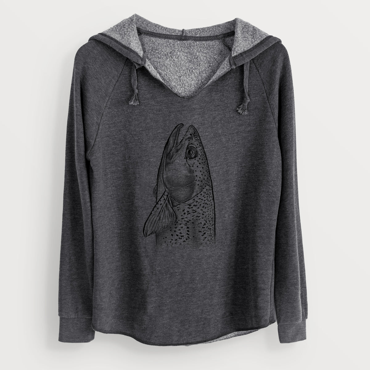 Charcoal grey women's Cali Wave hooded sweatshirt laid flat, printed with a detailed black ink illustration of a rainbow trout's head pointing upward, showing its spotted scales.