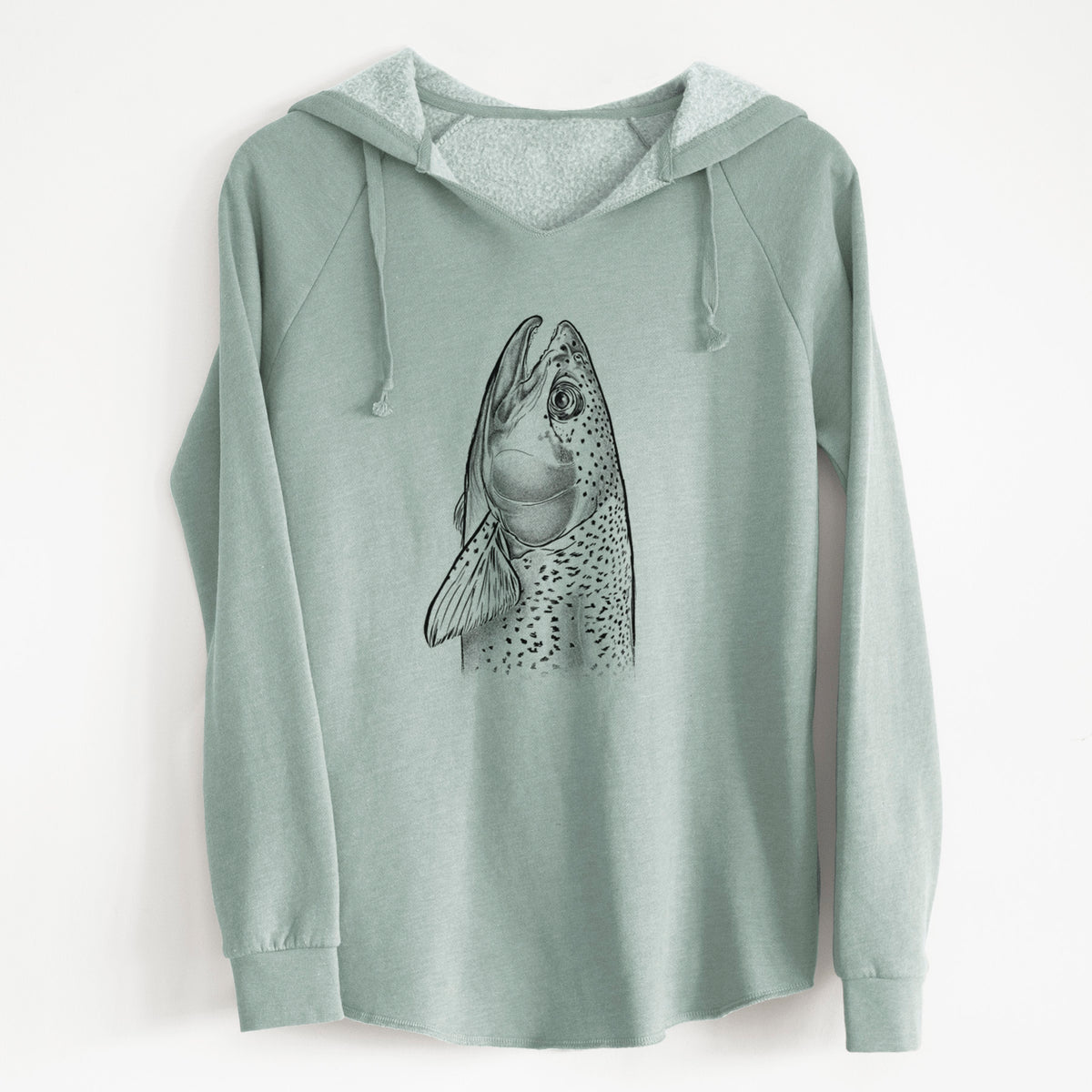 Sage green women's Cali Wave hooded sweatshirt laid flat, printed with a detailed black ink illustration of a rainbow trout's head pointing upward, showing its spotted scales.