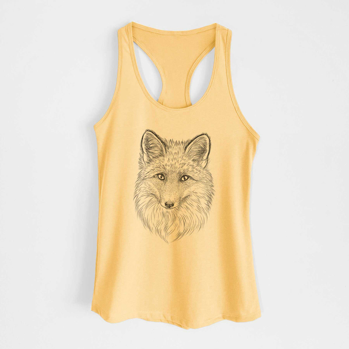 Banana cream women's racerback tank top laid flat, printed with a detailed black ink sketch of a red fox's face looking straight ahead, its fur drawn in fine pencil-like strokes.