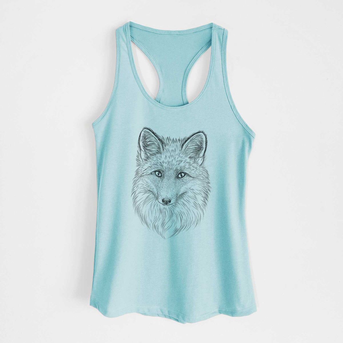 Cancun blue women's racerback tank top laid flat, printed with a detailed black ink sketch of a red fox's face looking straight ahead, its fur drawn in fine pencil-like strokes.