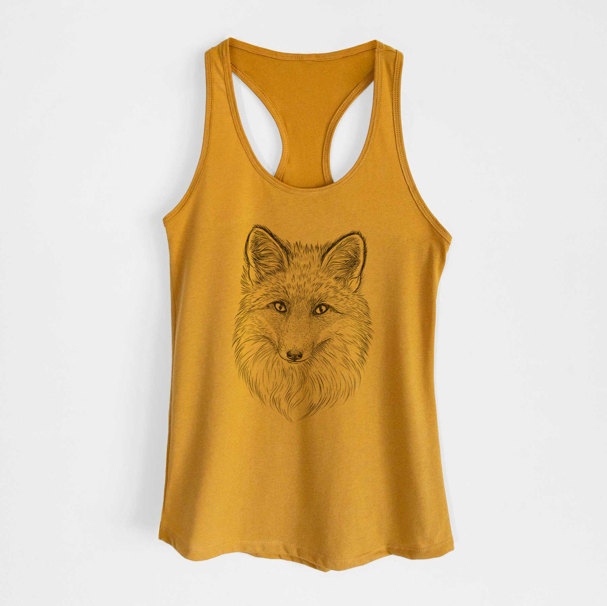 Gold women's racerback tank top laid flat, printed with a detailed black ink sketch of a red fox's face looking straight ahead, its fur drawn in fine pencil-like strokes.