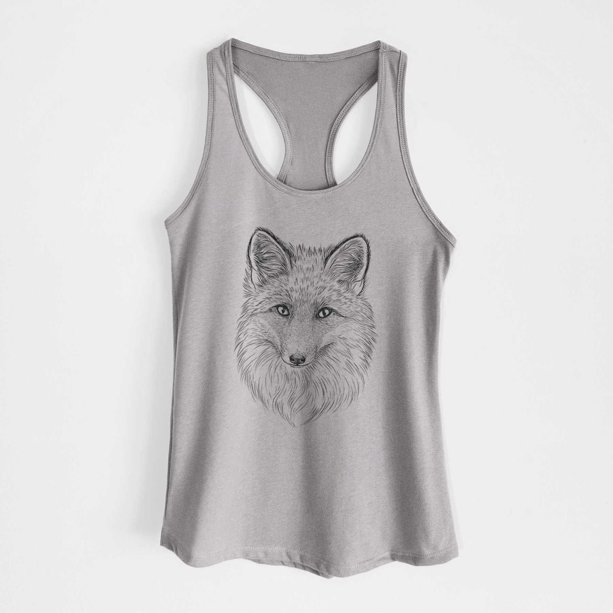 Heather grey women's racerback tank top laid flat, printed with a detailed black ink sketch of a red fox's face looking straight ahead, its fur drawn in fine pencil-like strokes.