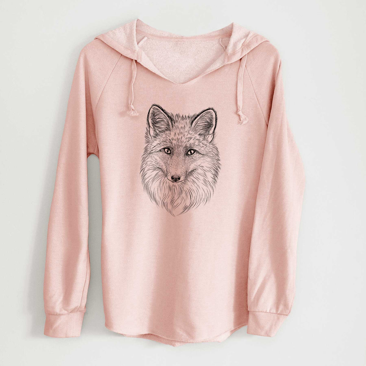 Blush pink women's Cali Wave hooded sweatshirt laid flat, printed with a detailed black ink sketch of a red fox's face looking straight ahead, its fur drawn in fine pencil-like strokes.