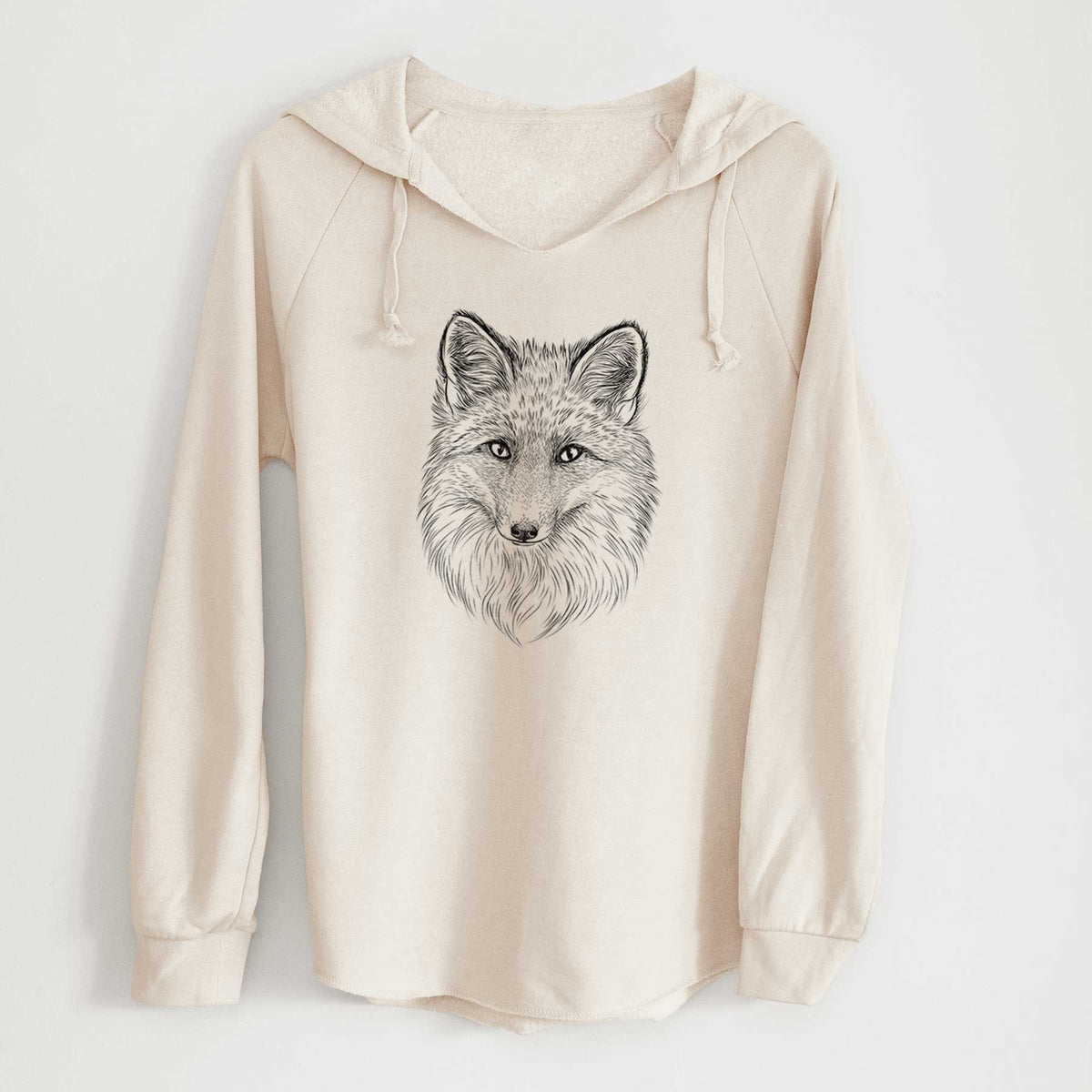Bone cream women's Cali Wave hooded sweatshirt laid flat, printed with a detailed black ink sketch of a red fox's face looking straight ahead, its fur drawn in fine pencil-like strokes.