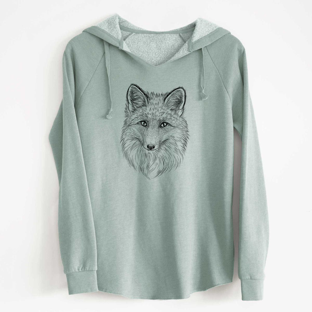 Sage green women's Cali Wave hooded sweatshirt laid flat, printed with a detailed black ink sketch of a red fox's face looking straight ahead, its fur drawn in fine pencil-like strokes.