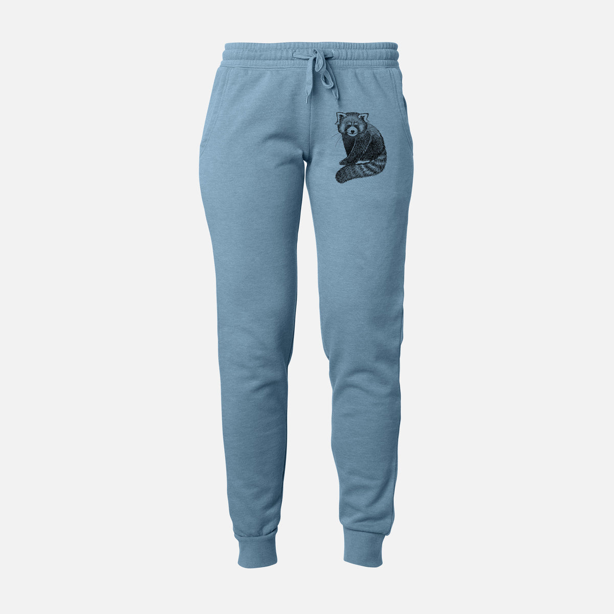 Front of misty blue Cali Wave sweatpants, printed with a detailed black ink illustration of a red panda sitting with its striped tail wrapped around on the leg.