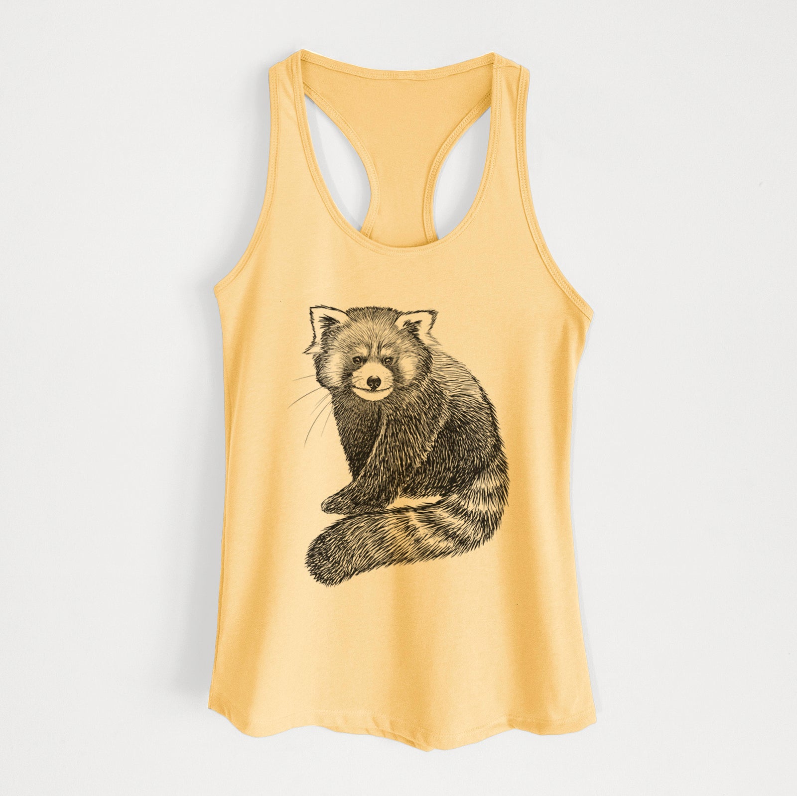 Banana cream women's racerback tank top laid flat, printed with a detailed black ink illustration of a red panda sitting with its striped tail wrapped around.