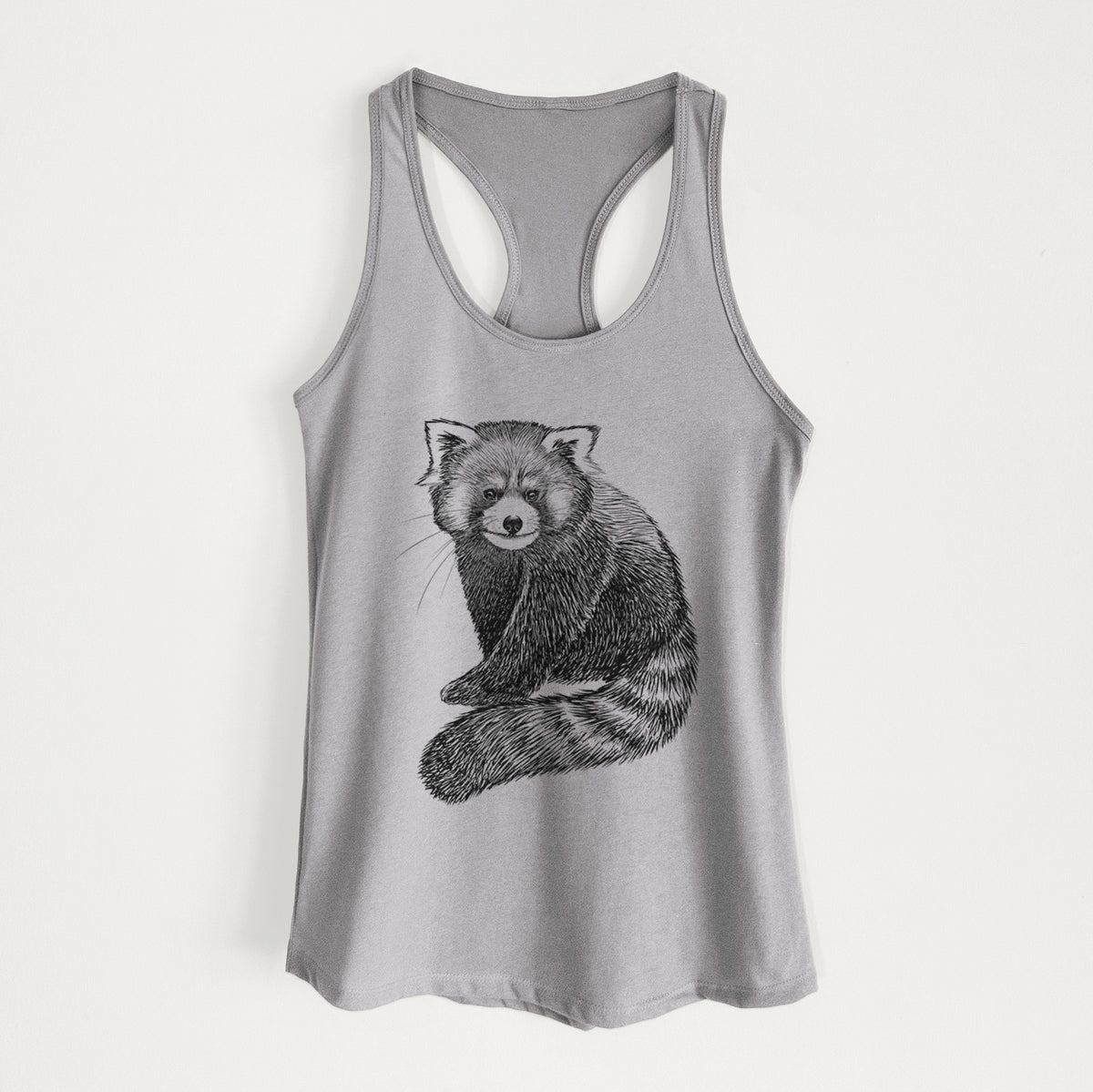 Heather grey women's racerback tank top laid flat, printed with a detailed black ink illustration of a red panda sitting with its striped tail wrapped around.